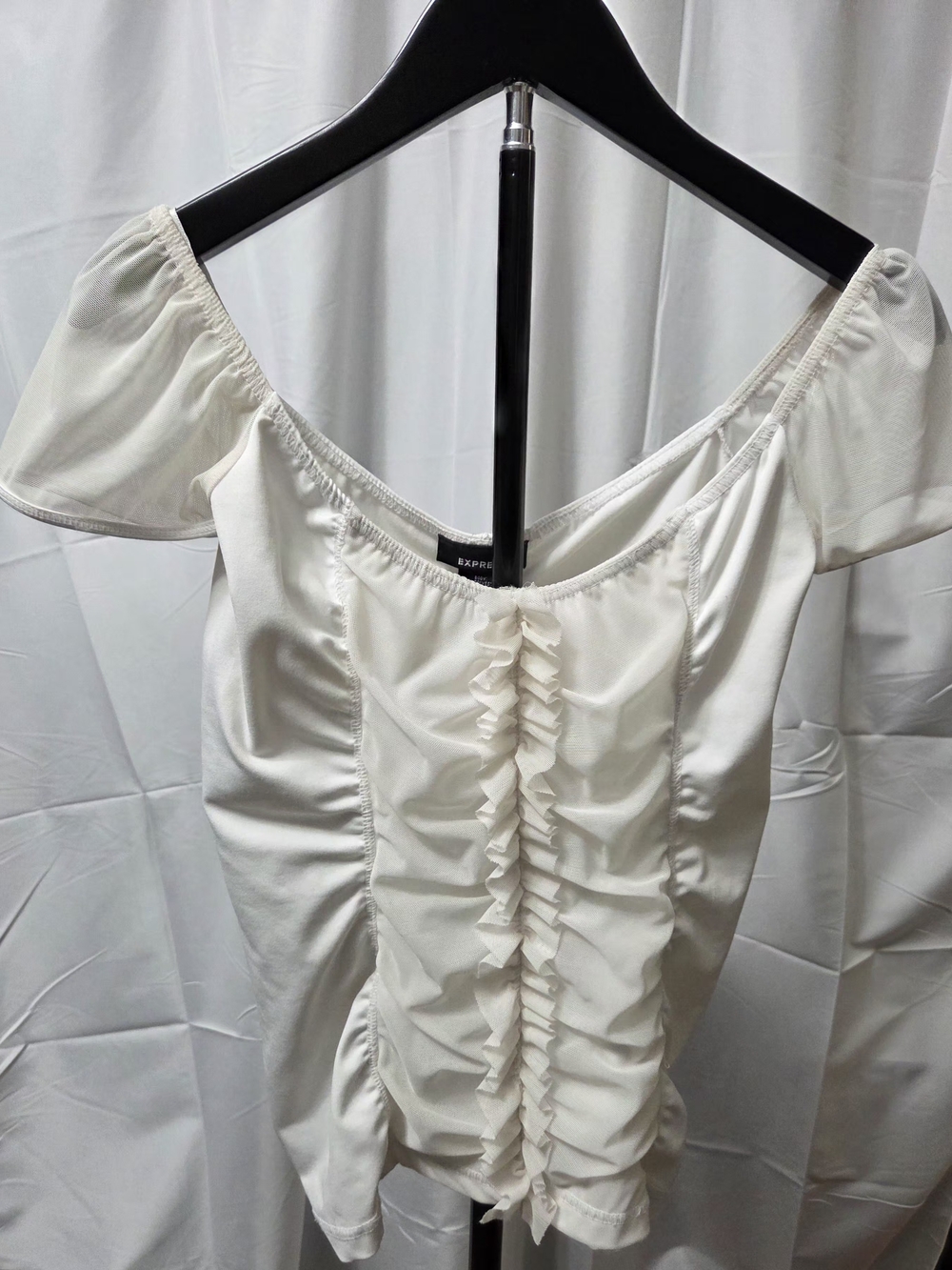 Express White Ruched Mesh Center Ruffle Milkmaid Top - M